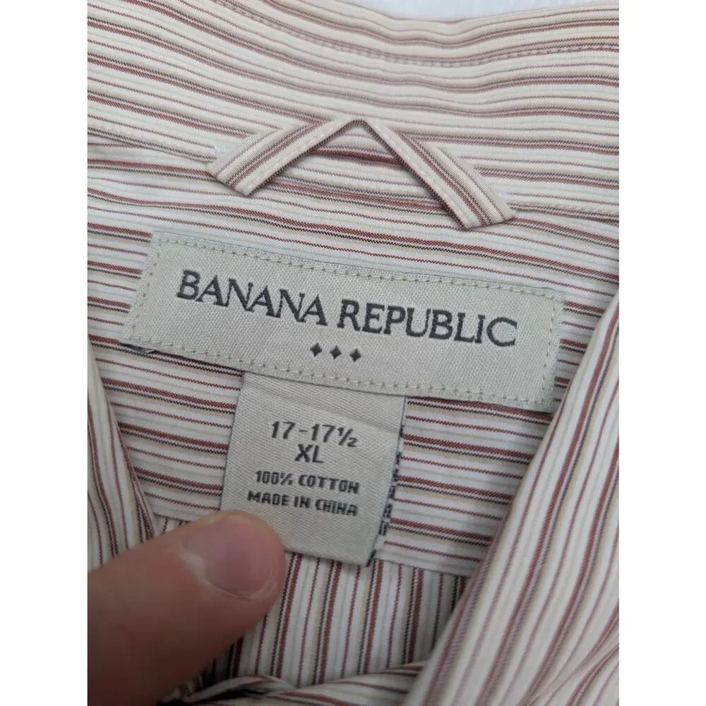 Banana Republic Vintage Mens Button Down Shirt XL 17-17.5‎ Beige Vertical Stripe